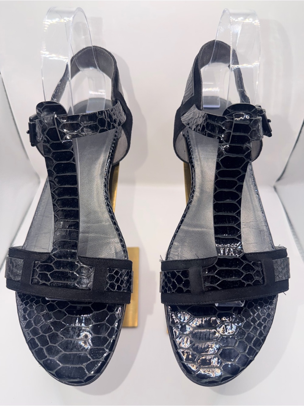 Stuart Weitzman Black Croc-Embossed T-Strap Sandals